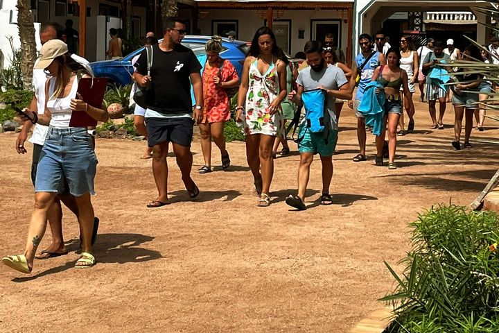 Eine Gruppe Reisender spaziert unter Palmen vor dem Mirage Village in Dahab